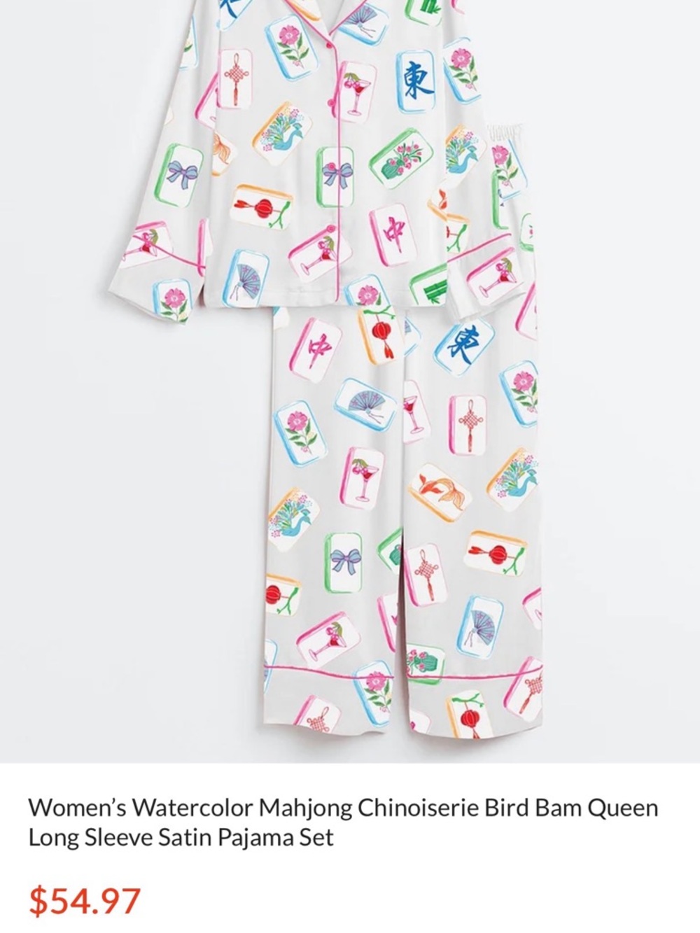 Women’s White Watercolor Mahjong Satin Pajama Set - Multicolor Print